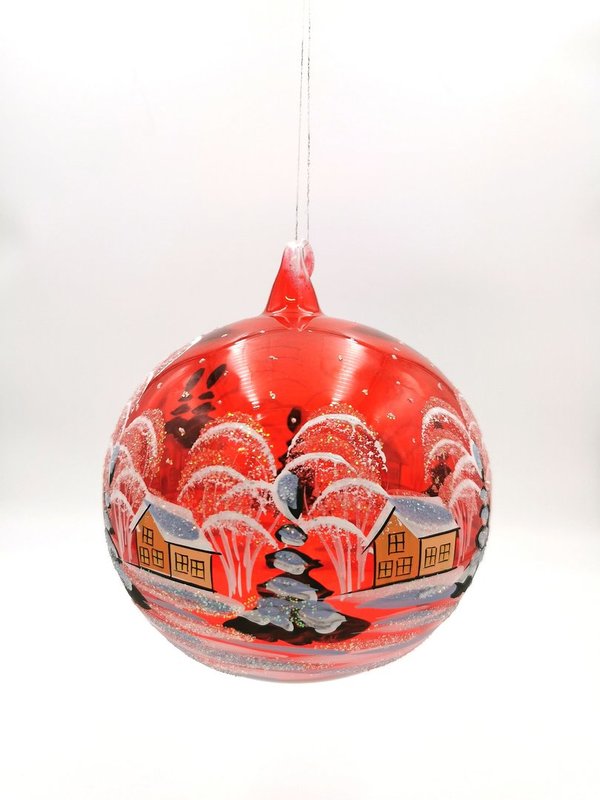 handgearbeitete Glaskugel, 15 cm, rot/transparent,Winterlandschaft m. braunen Häusern