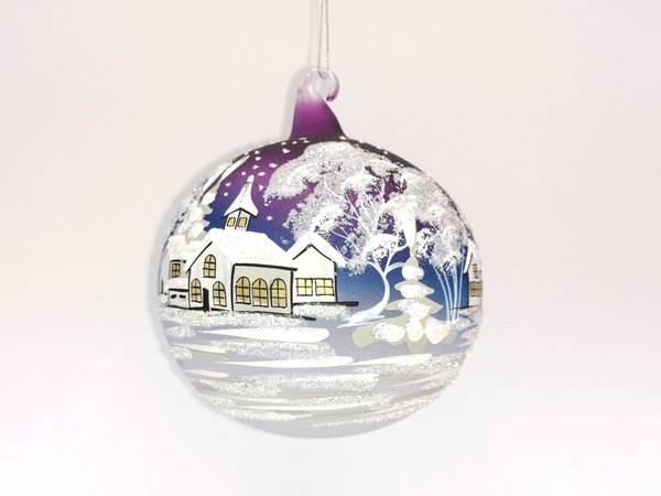 handgearbeitete Glaskugel, 15 cm, 3-farbig,Winterlandschaft m. weißen Häusern