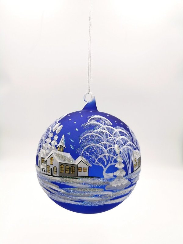 handgearbeitete Glaskugel, 15 cm, dunkelblau,Winterlandschaft m. weißen Häusern