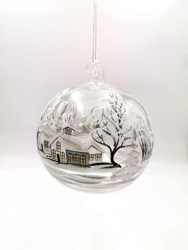 handgearbeitete Glaskugel, 15 cm, transparent,Winterlandschaft m. weißen Häusern