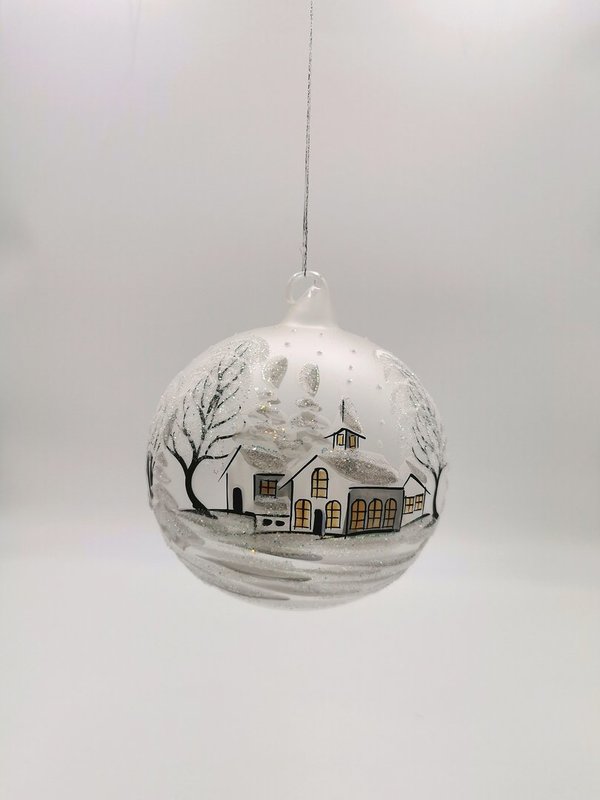 handgearbeitete Glaskugel, 15 cm, weiß,Winterlandschaft m. weißen Häusern