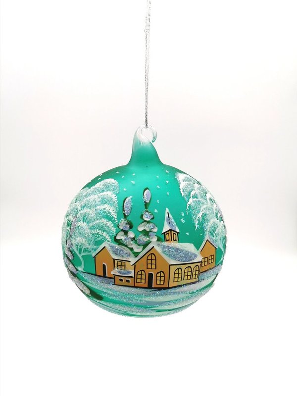 handgearbeitete Glaskugel, 15 cm, grün,Winterlandschaft m. braunen Häusern