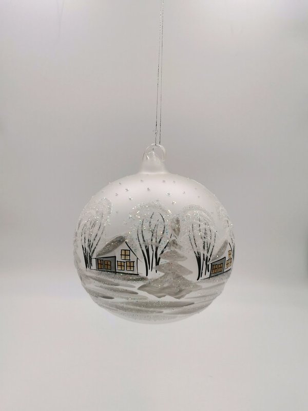 handgearbeitete Glaskugel, 12 cm, weiß,Winterlandschaft m. weißen Häusern