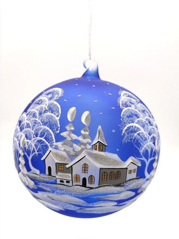 handgearbeitete Glaskugel, 12 cm, dunkelblau,Winterlandschaft m. weißen Häusern