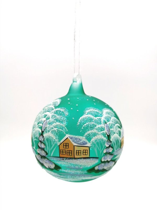handgearbeitete Glaskugel, 18 cm, grün,Winterlandschaft m. braunen Häusern