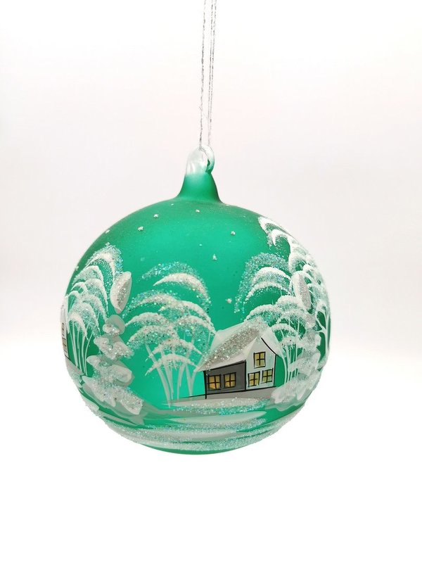 handgearbeitete Glaskugel, 18 cm, grün,Winterlandschaft m. weißen Häusern