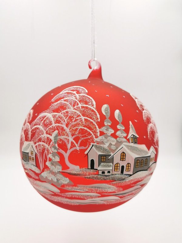 handgearbeitete Glaskugel, 18 cm, rot,Winterlandschaft m. weißen Häusern