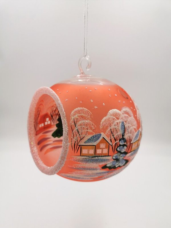 handgearbeitete Glaskugel, 12 cm, orange, Winterlandschaft m. braunen Häusern