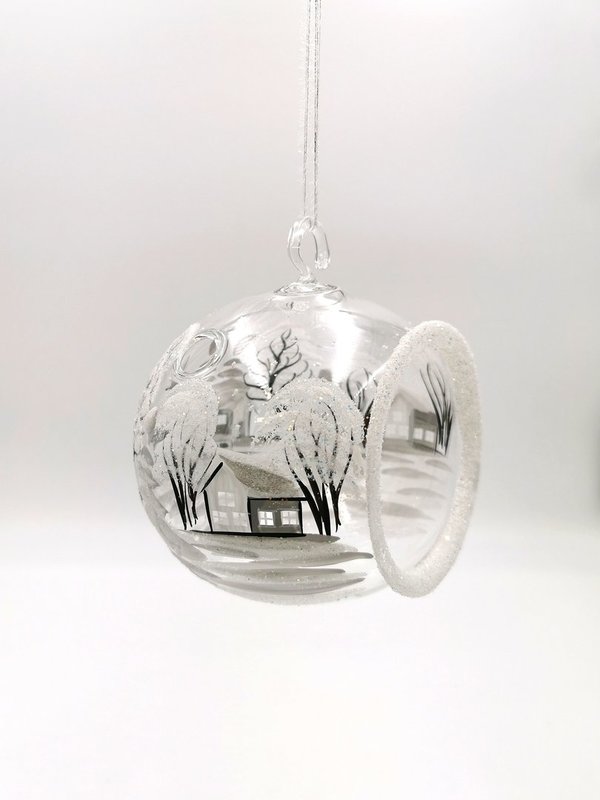 handgearbeitete Glaskugel, 12 cm, transparent, Winterlandschaft m. weißen Häusern