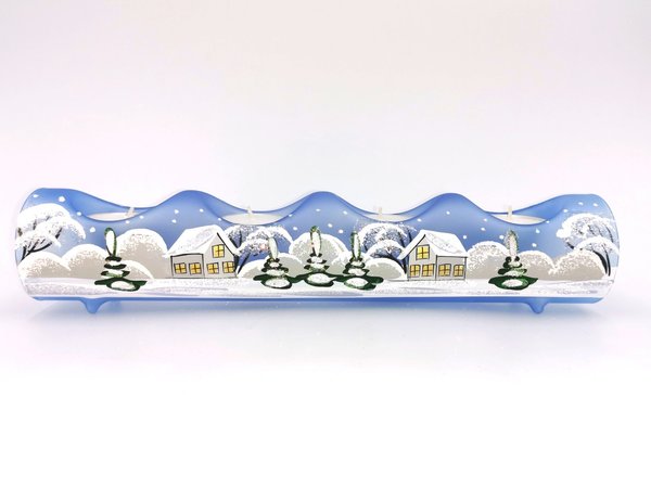Adventshalter, 4er, hellblau, Winterlandschaft m. weißen Häusern