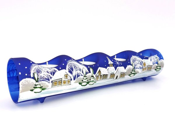 Adventshalter, 4er, blau, Winterlandschaft m. weißen Häusern