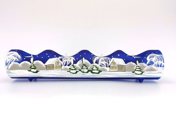 Adventshalter, 4er, blau, Winterlandschaft m. weißen Häusern
