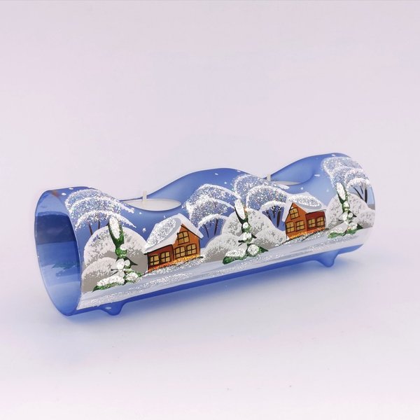 Adventshalter, 2er, hellblau, Winterlandschaft m. braunen Häusern