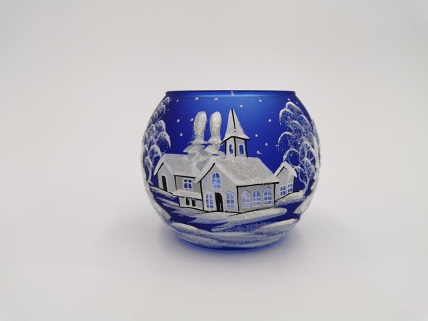 Teelichthalter, 6x7 cm, blau, Winterlandschaft m. weißen Häusern