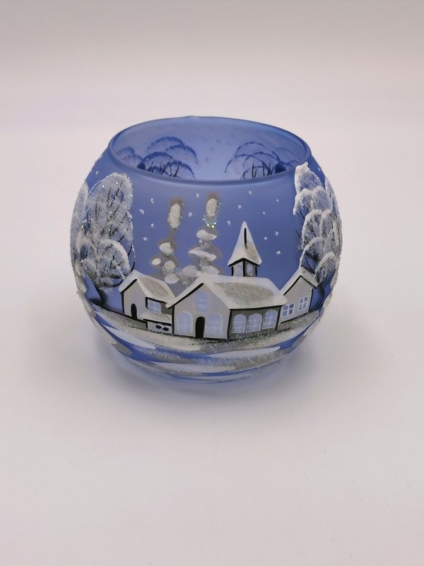 Teelichthalter, 6x7 cm, hellblau, Winterlandschaft m. weißen Häusern