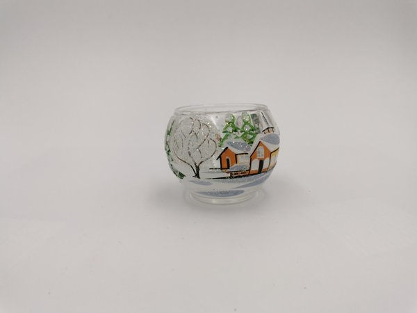 Teelichthalter, 7x10 cm, transparent, Winterlandschaft m. braunen Häusern