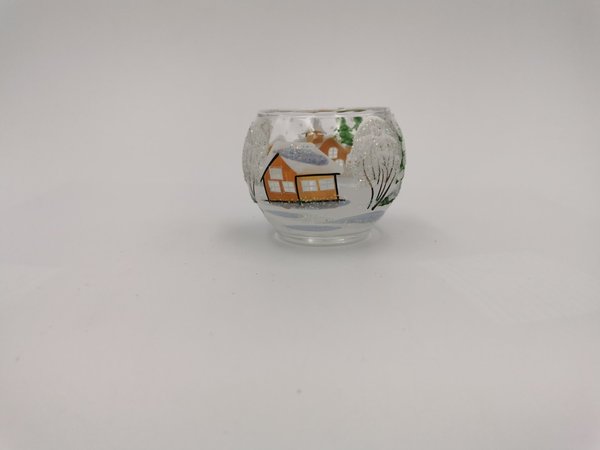 Teelichthalter, 7x10 cm, transparent, Winterlandschaft m. braunen Häusern
