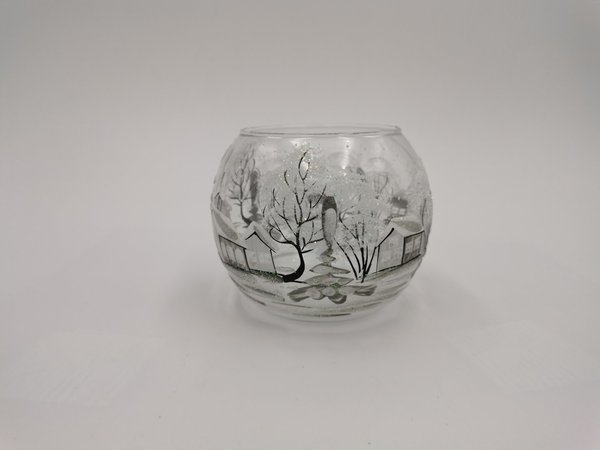 Teelichthalter, 7x10 cm, transparent, Winterlandschaft m. weißen Häusern