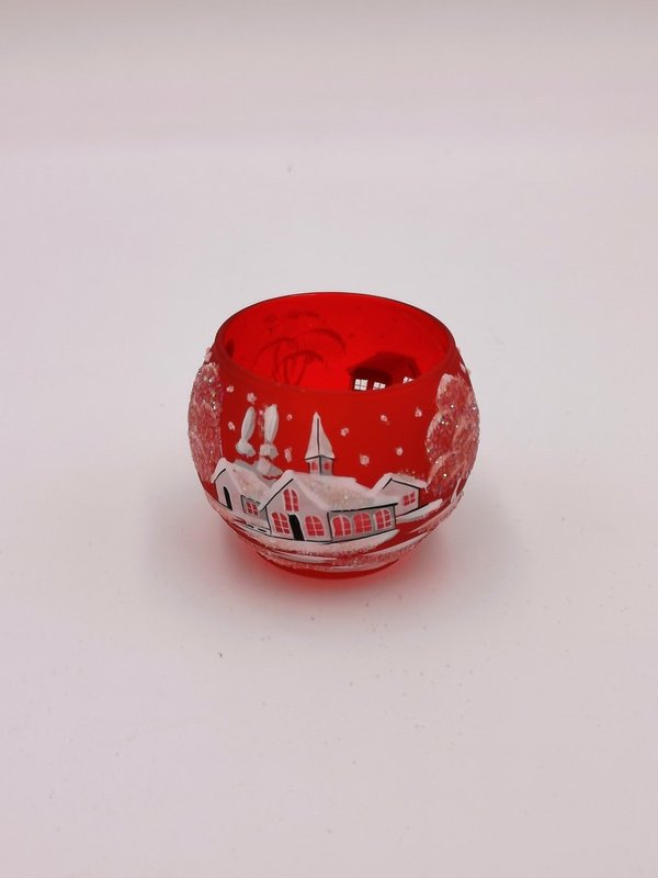 Teelichthalter, 7x10 cm, rot, Winterlandschaft m. weißen Häusern