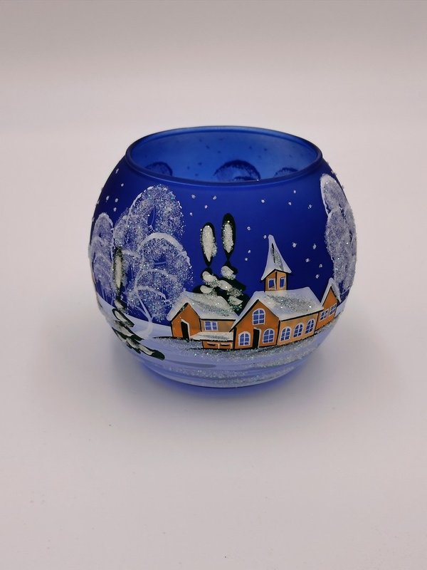 Teelichthalter, 10x12 cm, blau, Winterlandschaft m. braunen Häusern