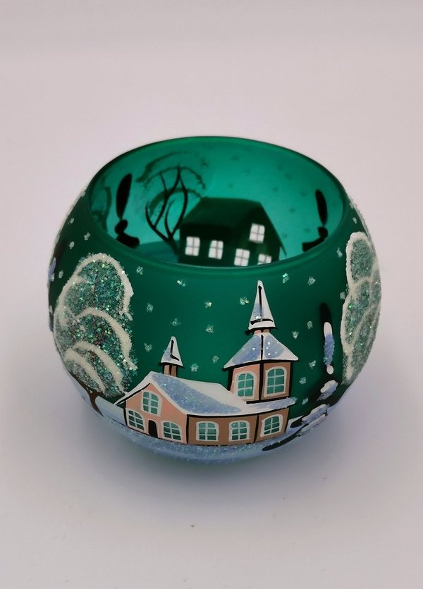 Teelichthalter, 10x12 cm, grün, Winterlandschaft m. braunen Häusern