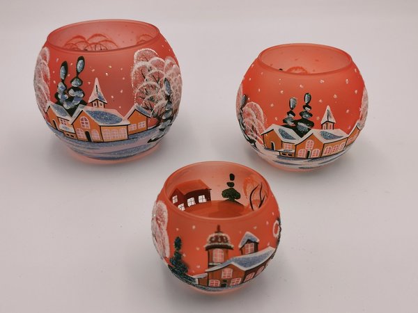 Teelichthalter, 10x12 cm, orange, Winterlandschaft m. braunen Häusern